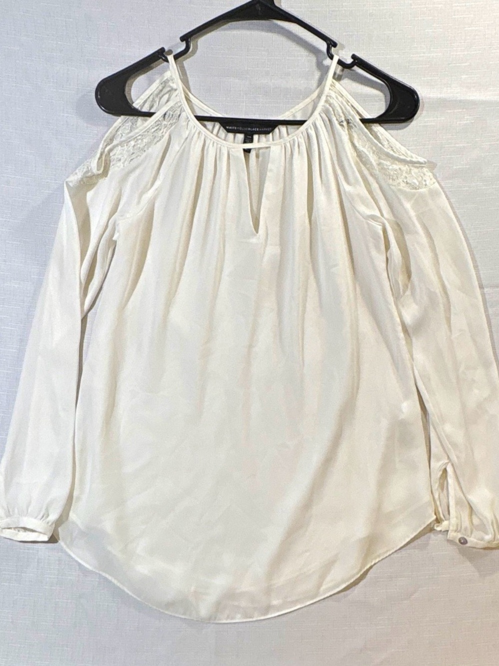 White House Black Market Ivory Cold-Shoulder Lace Trim Blouse